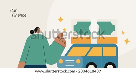 Flat design illustration of a person pointing at a car with stacked banknotes above, representing car finance and vehicle purchasing. Perfect for automotive, banking, loan.