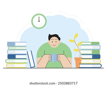 flat design illustration of a person reading a book, vector graphic design