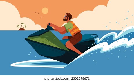 Flat design illustration of person riding jet ski on body of water.