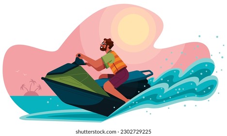 Flat design illustration of person riding jet ski on body of water.