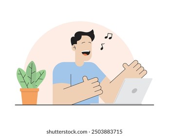 flat design illustration of a person singing in front of a laptop, vector graphic design