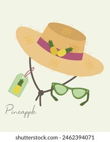  Flat Design Illustration at Pineapple Hat Straw and Sunglasses, Sale Tag