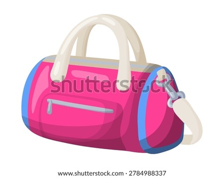 Flat design illustration of a pink and blue sports duffel bag with white handles and a shoulder strap, isolated on white background, fitness, gym and travel graphic design element