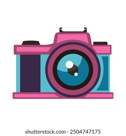 A flat design illustration of a pink and purple camera with a large lens, flash, and two control dials on top. Colorful and modern design blends retro elements with contemporary style