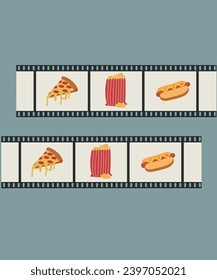 Ilustración de diseño plano con pizza, maíz pop y perro caliente en película rodante