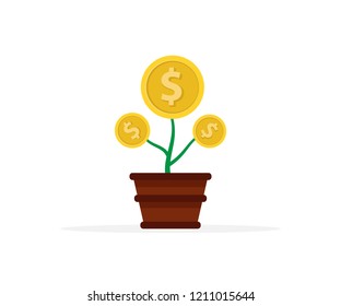 flat design illustration of a plant in a pot that growing money or coin, illustration of a growing investment , good business, profit