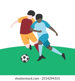 Flat Design Illustration of Players Tussling for Ball