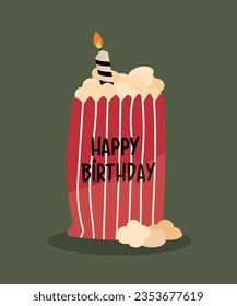 Flat Design Illustration with Popcorn Happy Birthday