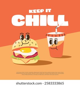 flat design illustration poster. burger and drink character