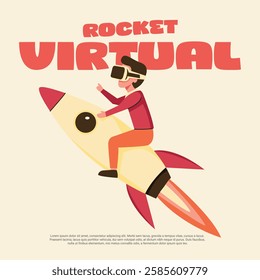 flat design illustration poster, man riding a rocket in virtual reality