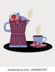 Flat Design Illustration with Pot and Cup at Flowers Pattern