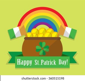 flat design illustration. Pot with golden coins, ribbon with the words, flags, rainbow leaf clover