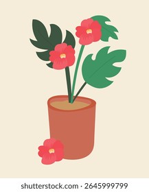 Flat Design Illustration with Pot Tropical Flower