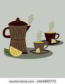 Flat Design Illustration with Pot and Two Cups of Lemon