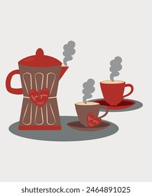 Ilustración plana del diseño con la olla y dos tazas del patrón del corazón