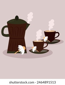 Flat Design Illustration with Pot and Two Cups of Daisy Tea Taste