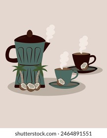 Flat Design Illustration with Pot and Two Cups of Cococnut