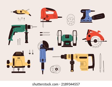 Flat design illustration of power electric hand tools. Set includes icons of engraver, jigsaw, angle grinder, hammer drill, circular saw, plunge router and tooling.
