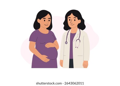 Flat Design Illustration of Pregnant Woman with Female Doctor – Maternity and Healthcare Concept