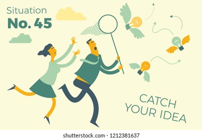 Flat design Illustration for presentation, web, landing page: businessman and woman running and catching flying light bulb ideas.