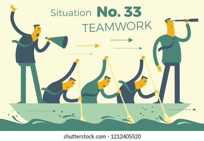 Flat design illustration for presentation, web, landing page: teamwork, businessmen in a boat drive and row.