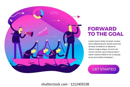 Flat design illustration for presentation, web, landing page: teamwork, businessmen in a boat drive and row.