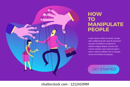 Flat design illustration for the presentation, web, landing page: man and woman dancing puppets in the hands of the chief.