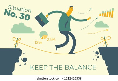 Flat design illustration for presentation, web, landing page: businessman ropewalker walks through the abyss along a rope.