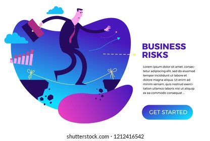 Flat design illustration for presentation, web, landing page: businessman ropewalker walks through the abyss along a rope.