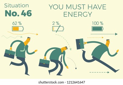 Flat design Illustration for presentation, web, landing page: Full of energy and tired businessman. Powerful person with full charge and uncharged battery. Businessman low charge energy picture.