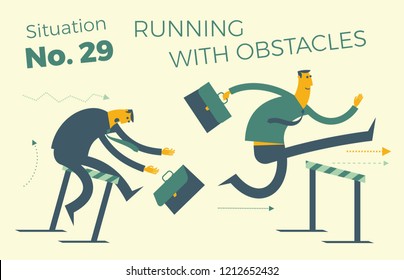 Flat design Illustration for presentation, web, landing page: business man in steeplechase race over hazardous obstacle. Leader successfully jumping over first ahead of hurdling competition. 