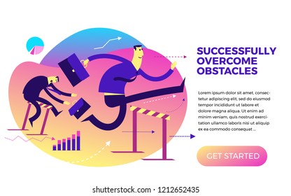 Flat design Illustration for presentation, web, landing page: business man in steeplechase race over hazardous obstacle. Leader successfully jumping over first ahead of hurdling competition. 