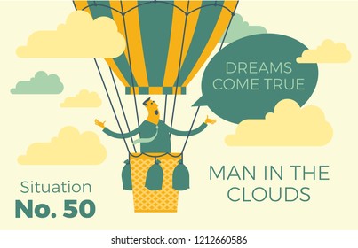 Flat design Illustration for presentation, web, landing page: successful happy businessman flying on aerostat in the clouds. 