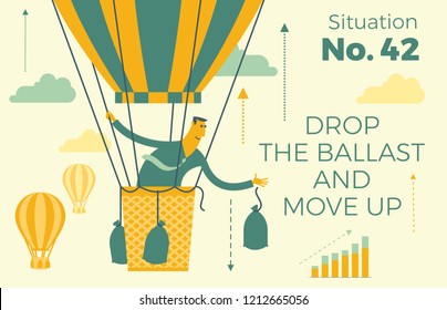 Flat design Illustration for presentation, web, landing page: successful businessman flying aerostat up throwing off the ballast. 