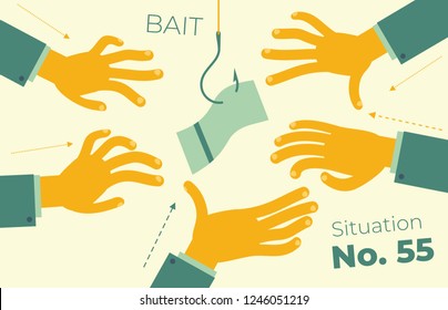 Flat design illustration for presentation, web, landing page: hands reach for bait - money on a hook.