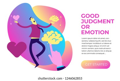 Flat design illustration for presentation, web, landing page: a man balances and chooses mind or heart, calculation or emotions.