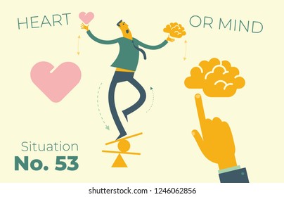 Flat design illustration for presentation, web, landing page: a man balances and chooses mind or heart, calculation or emotions.