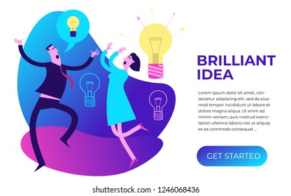 Flat design illustration for the presentation, web, landing page: happy man and woman rejoice at the brilliant idea.