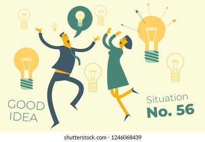 Flat design illustration for the presentation, web, landing page: happy man and woman rejoice at the brilliant idea.