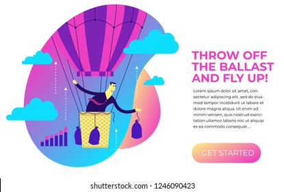 Flat design illustration for presentation, web, landing page: a man in a balloon drops ballast and flies up to success.