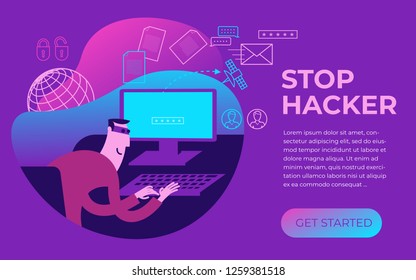 Flat design illustration for presentation, web, landing page: hacker steals data from computer