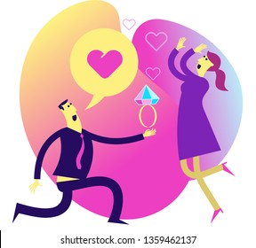 Flat design illustration for presentation, web, landing page: A man kneels in front of a woman, gives her a ring and his heart. I love you. Proposal for marriage.