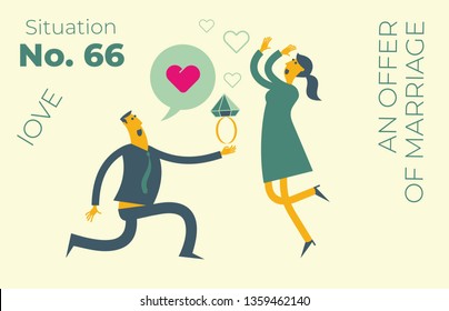 Flat design illustration for presentation, web, landing page: A man kneels in front of a woman, gives her a ring and his heart. I love you. Proposal for marriage.