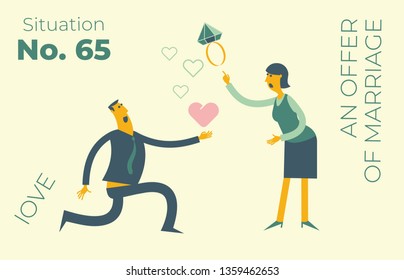 Flat design illustration for presentation, web, landing page: A man kneels in front of a woman, gives her his heart. I love you. A woman requires a wedding ring. Proposal for marriage.