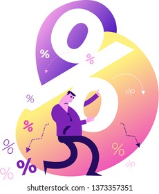 Flat design illustration for presentation, web, landing page: A man holds in his hands a big percent sign. Large and heavy loan payments.