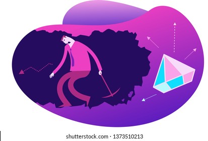 Flat design illustration for presentation, web, landing page: A man digs in a tunnel trying to get to the goal, rewards. He gave up and stopped trying. 