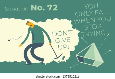 Flat design illustration for presentation, web, landing page: A man digs in a tunnel trying to get to the goal, rewards. He gave up and stopped trying. 