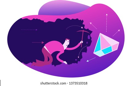 Flat design illustration for presentation, web, landing page: A man digs in a tunnel trying to get to the treasure, reward, diamond. Persistent strong man reaches the goal.