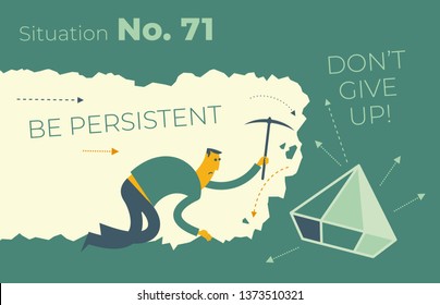 Flat design illustration for presentation, web, landing page: A man digs in a tunnel trying to get to the treasure, reward, diamond. Persistent strong man reaches the goal.