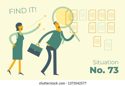 Flat design illustration for presentation, web, landing page: Man and woman are standing with a magnifying glass. They found a document or file.